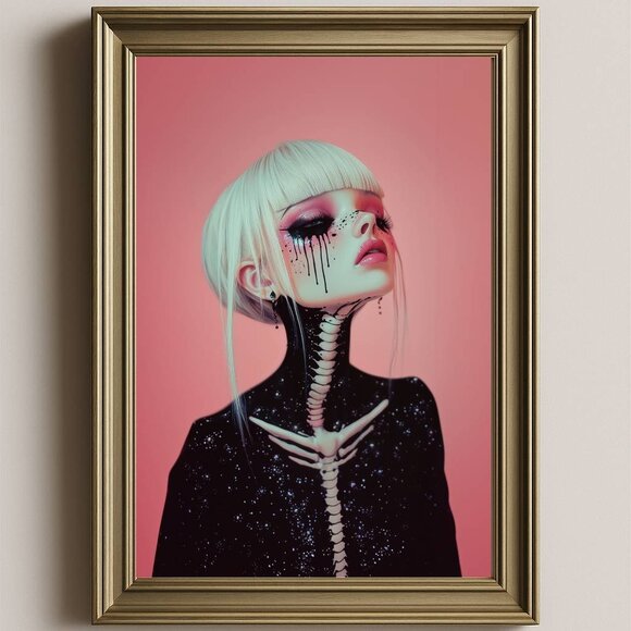 8.5x11 Goth Girl Skeleton Art Print | Surreal Blonde Doll Portrait - Picture 1 of 4